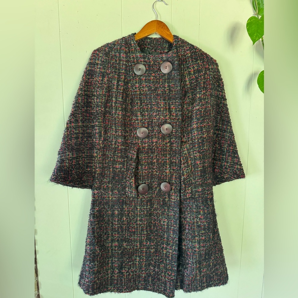 Vintage 1960s Bromleigh Higbee Co Multicolor Boucle Tweed A Line Swing Coat - S